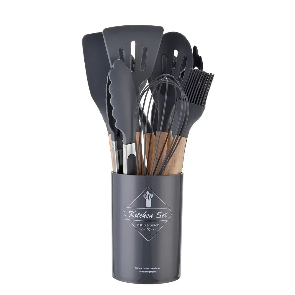 12-Piece Silicone Cooking Utensil Set with Wooden Handles