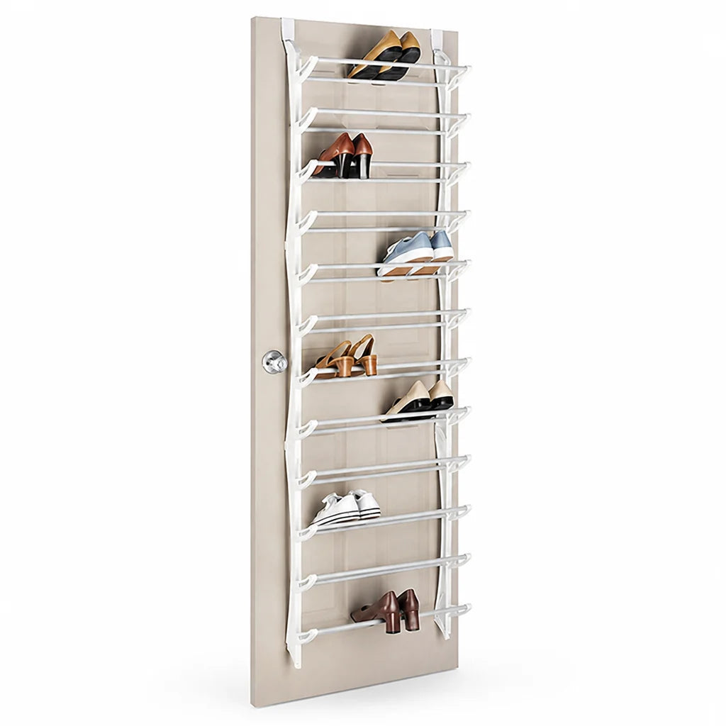 Space-saving, tool-free metal shoe rack for hanging over the door