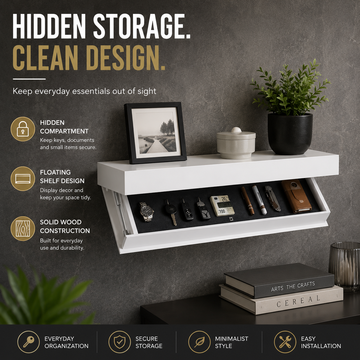 Wall shelf with secret compartment made of wood