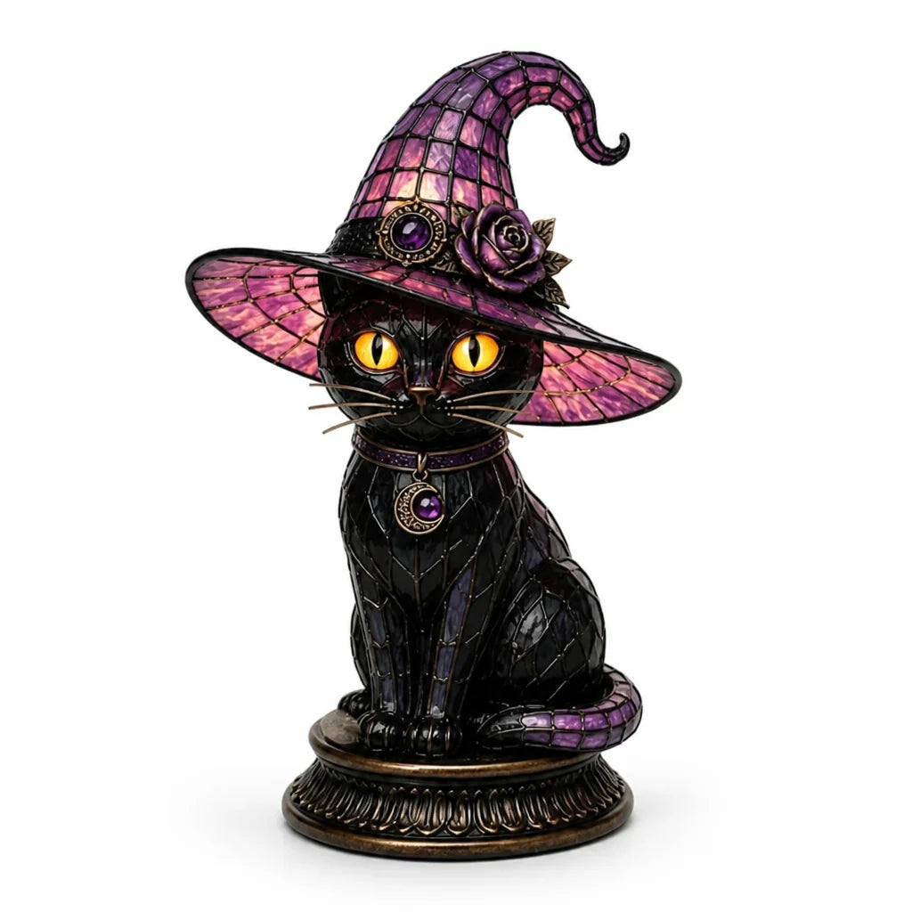 Table lamp with stained glass effect, gothic witch cat