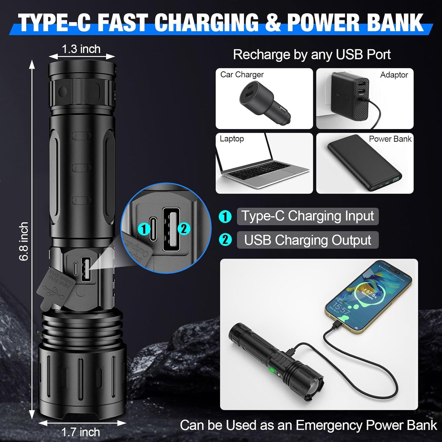 100,000 Lumen LED Tactical Torch with Powerbank