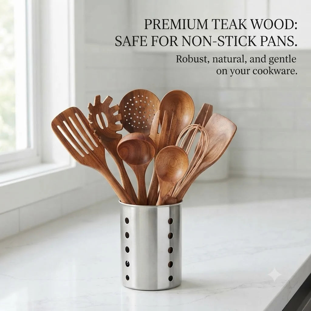Teak Kitchen Utensils Set 11-Piece with Holder