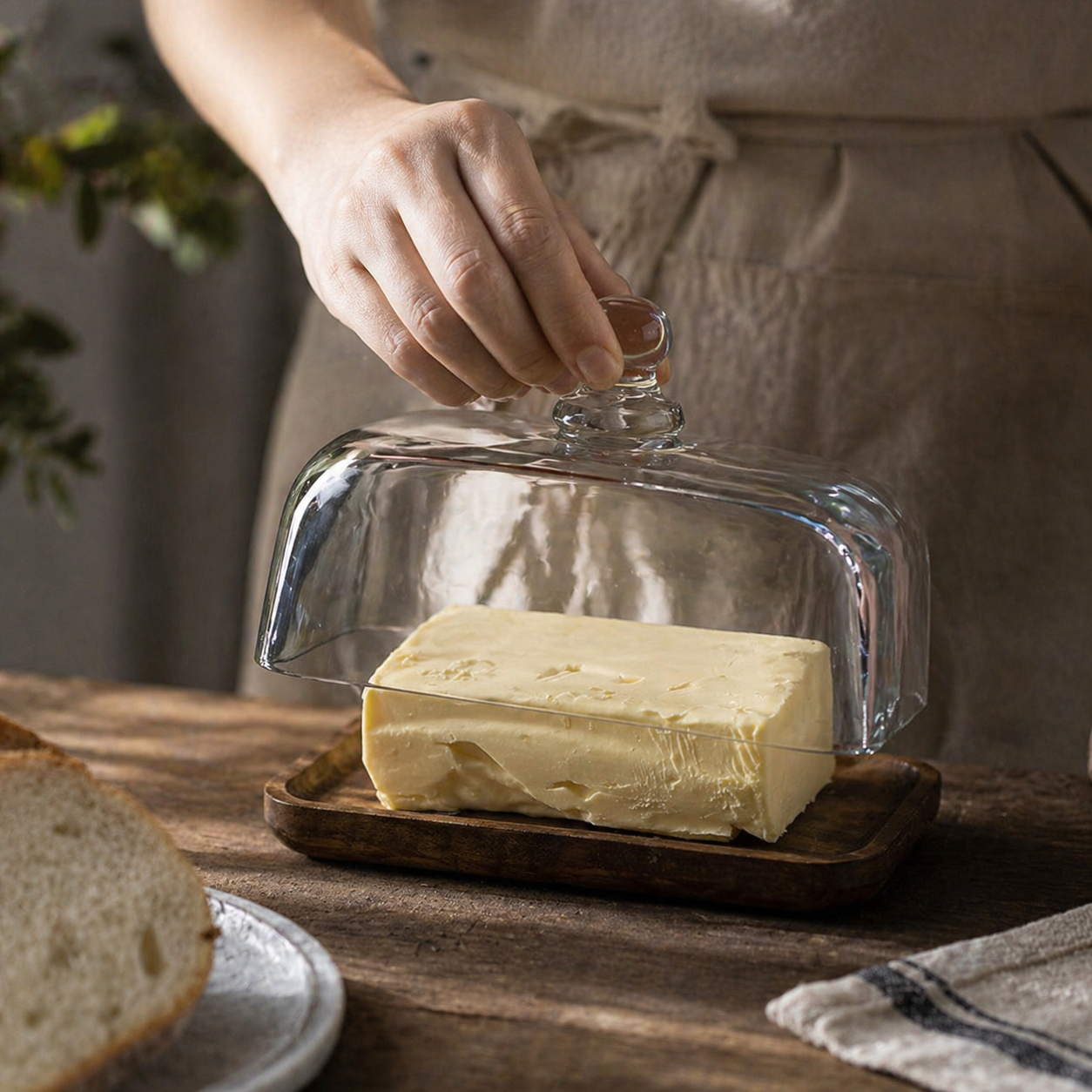 ButterVault Butter Dish with Glass Lid and Wooden Base