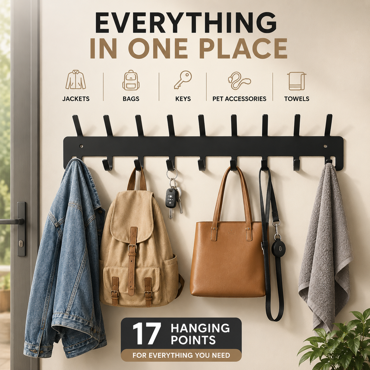 Wall Coat Rack Black 17 Hooks – Metal Wall Wardrobe