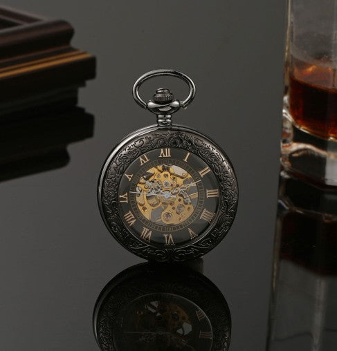 Mechanical Pocket Watch with Floral Engraving Design