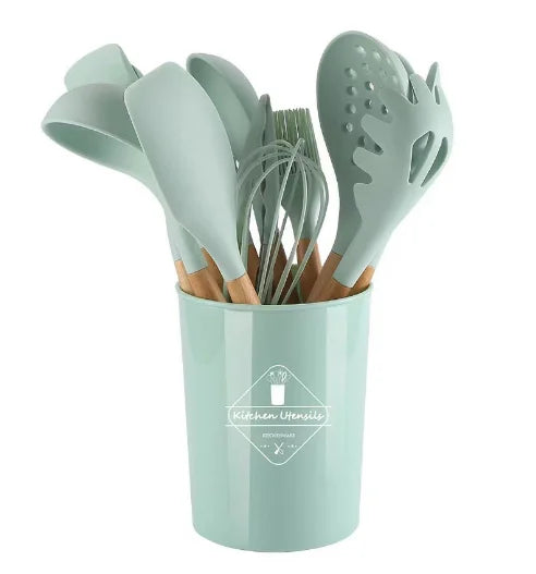 12-Piece Silicone Cooking Utensil Set with Wooden Handles