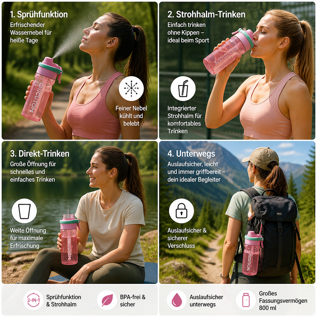 Sports Water Bottle with Spray Function & Straw