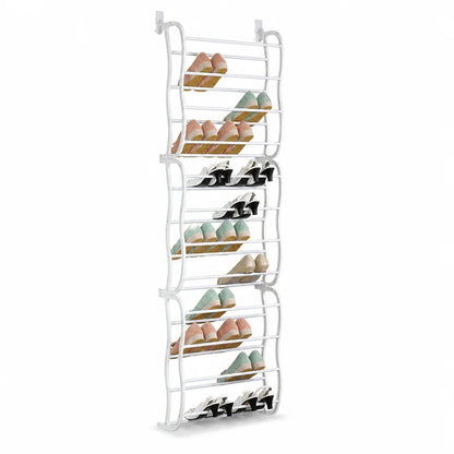 Space-saving, tool-free metal shoe rack for hanging over the door