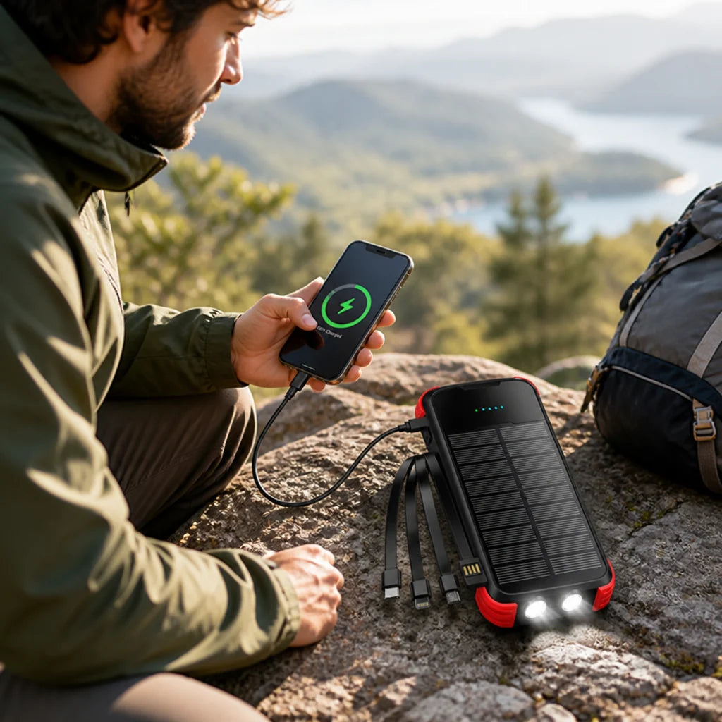 Solar-Powered High-Capacity Power Bank (Integrated Multi-Charging Cables & Jump Starter)