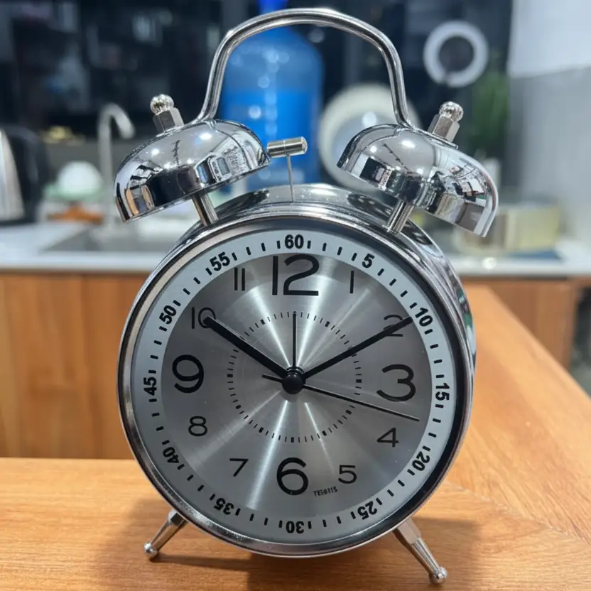 Retro Alarm Clock with Double Bell Silver Chrome