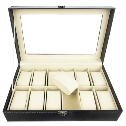 Watch Box 12 Compartments with Glass Lid – Black