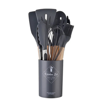 12-Piece Silicone Cooking Utensil Set with Wooden Handles