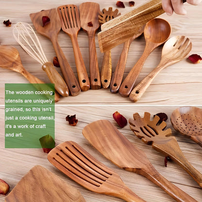 Teak Kitchen Utensils Set 11-Piece with Holder