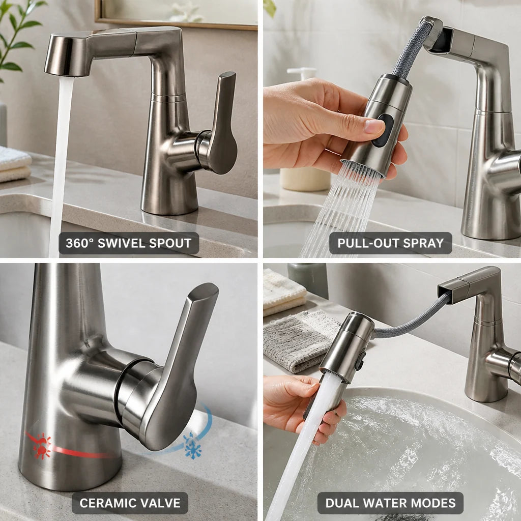 Extendable 360° Swivel Single-Hole Faucet with Ceramic Valve