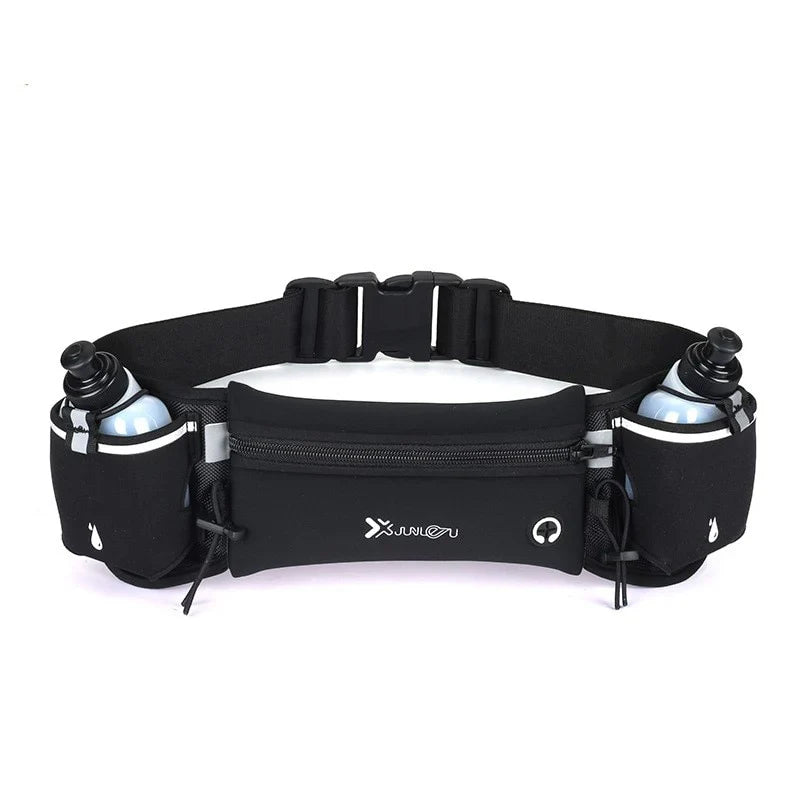 Running belt with water bottles for hands-free hydration
