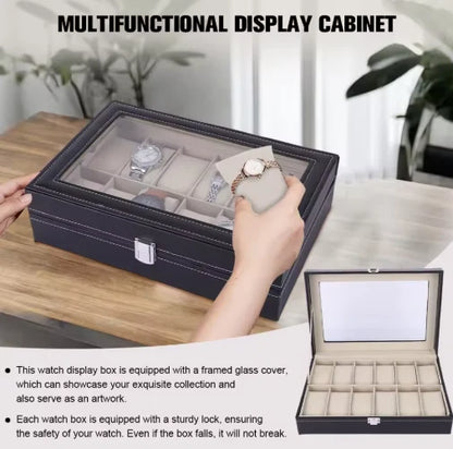 Watch Box 12 Compartments with Glass Lid – Black