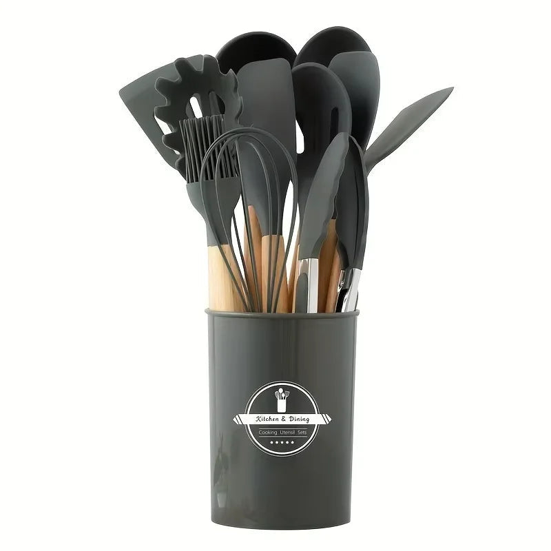 12-Piece Silicone Cooking Utensil Set with Wooden Handles