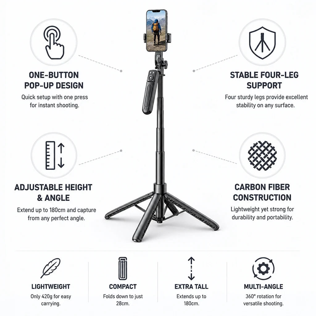One-Button Pop-Up Smartphone Tripod Made of Carbon Fiber (extendable up to 180 cm)