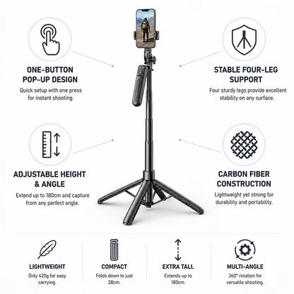 One-Button Pop-Up Smartphone Tripod Made of Carbon Fiber (extendable up to 180 cm)