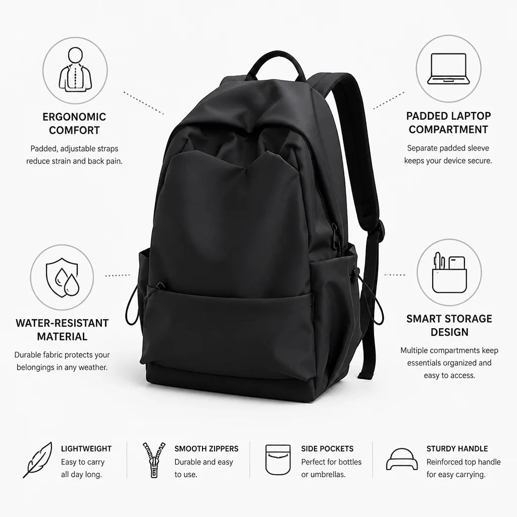 Ergonomic Water-Resistant Laptop Backpack (Padded Laptop Compartment)