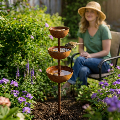 Bird Bath Garden Stake Copper Look 3 Bowls