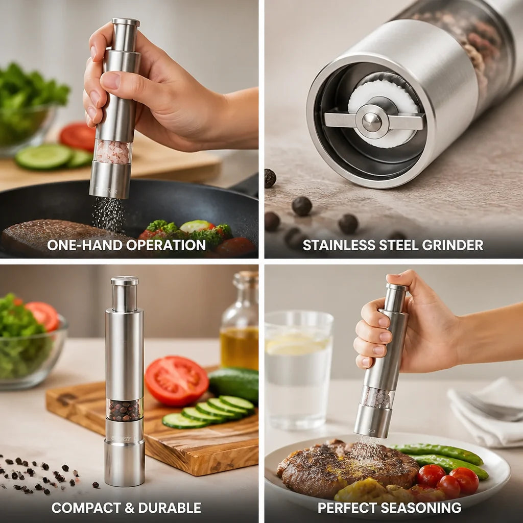Single-Hand Stainless Steel Salt and Pepper Mill (2-Pack)