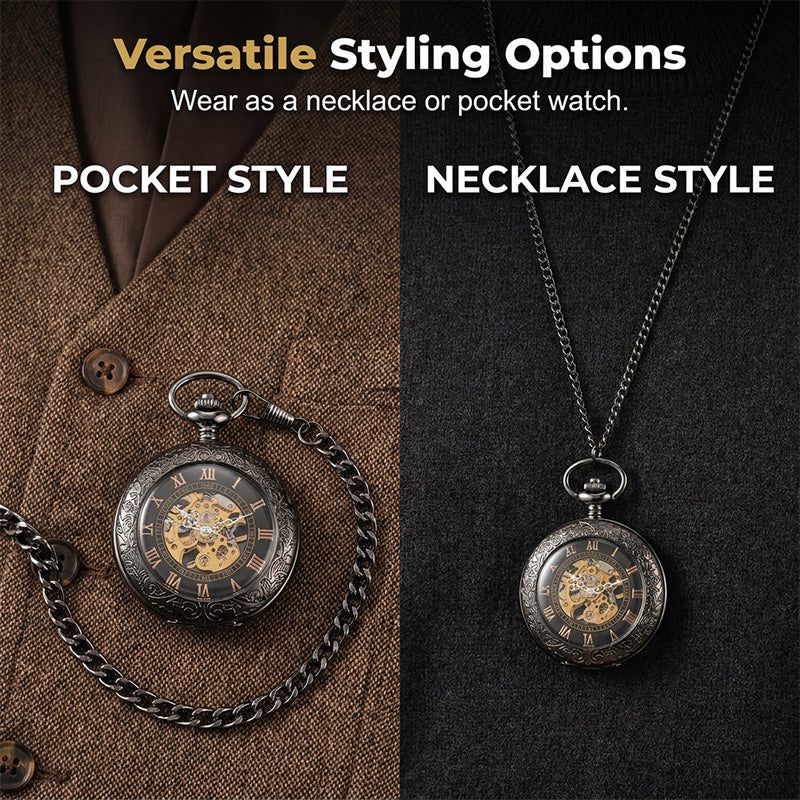 Mechanical Pocket Watch with Floral Engraving Design