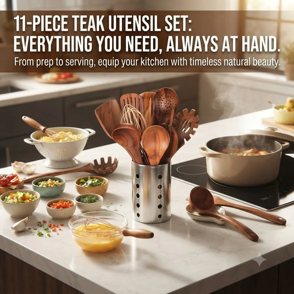 Teak Kitchen Utensils Set 11-Piece with Holder