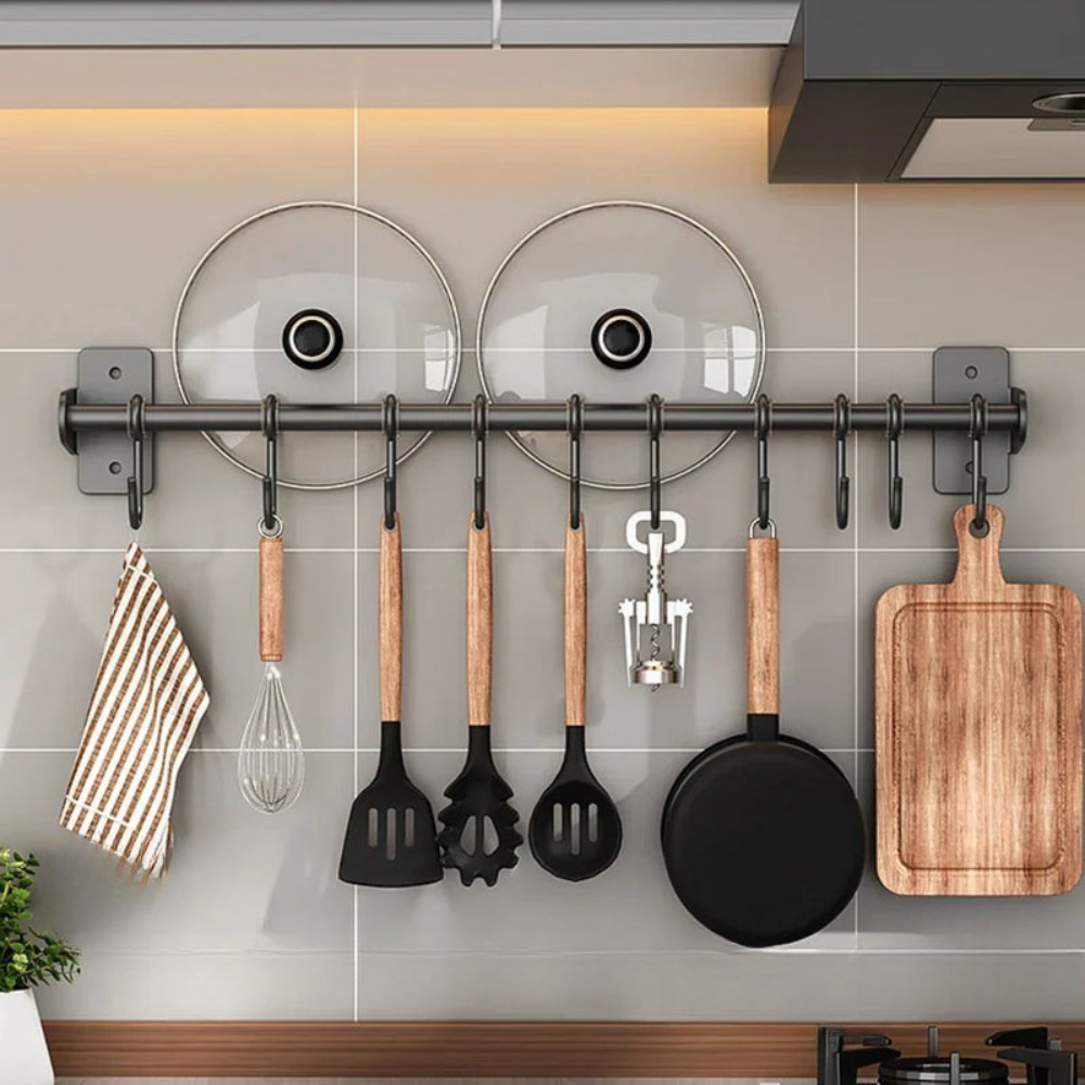 Wall Rail Kitchen with S-Hooks and Lid Holder