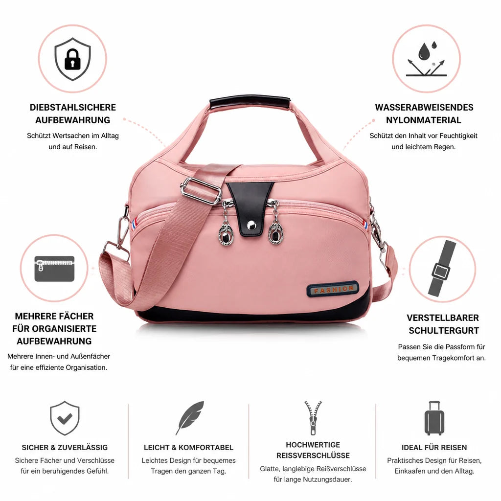 Anti-theft waterproof nylon crossbody bag with multiple zippers