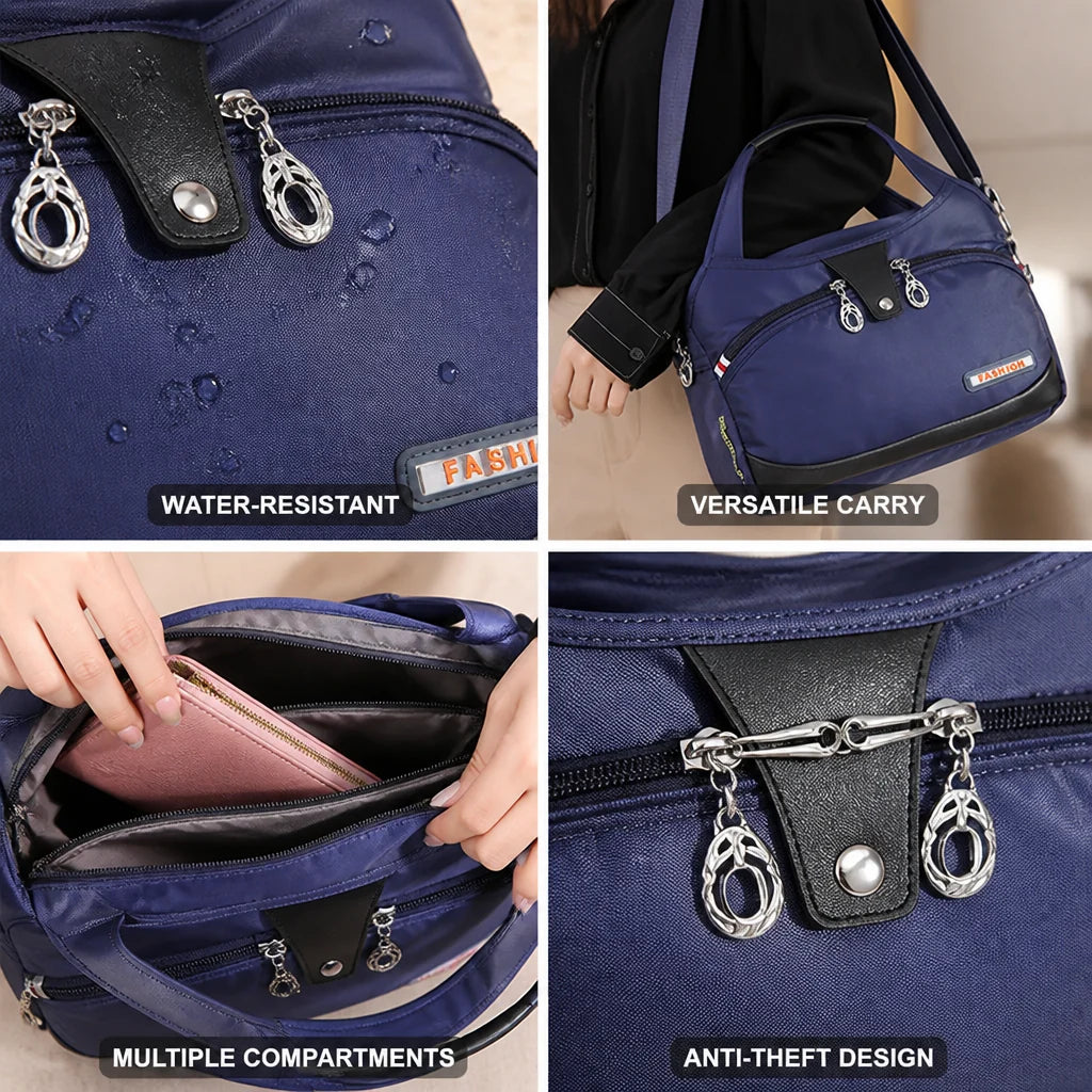 Anti-theft waterproof nylon crossbody bag with multiple zippers