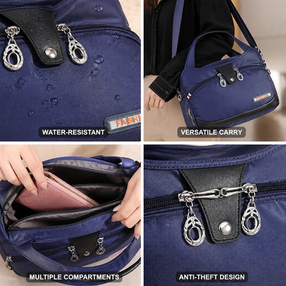 Anti-theft waterproof nylon crossbody bag with multiple zippers