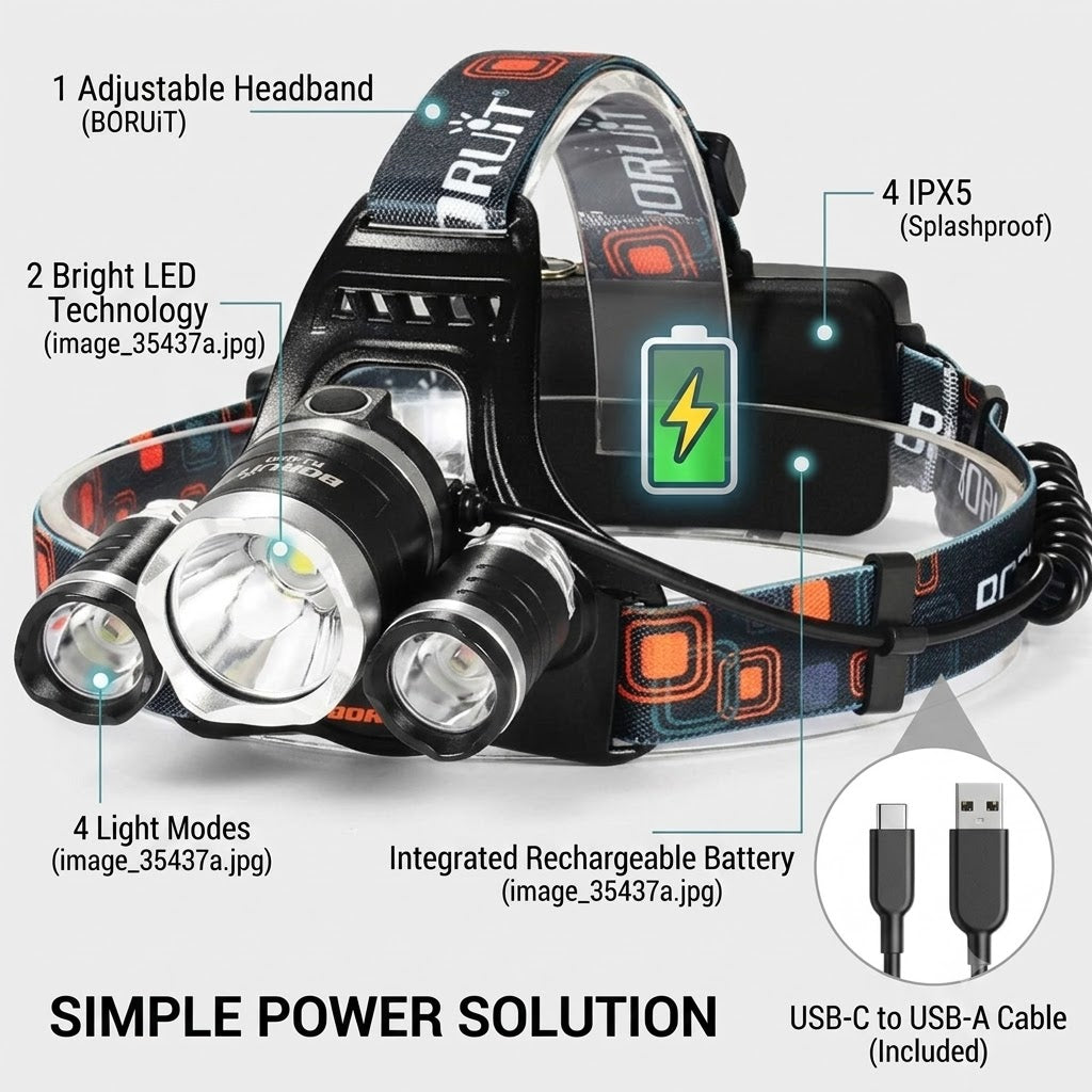 20,000 Lumen Rechargeable LED Headlamp IPX5
