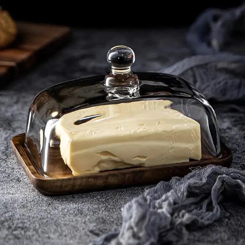 ButterVault Butter Dish with Glass Lid and Wooden Base