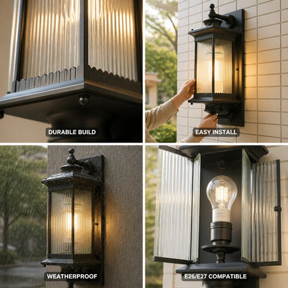 Weatherproof Metal Ribbed Glass Outdoor Wall Light (Hardwired)