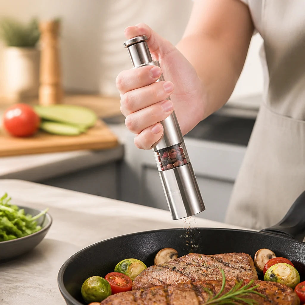 Single-Hand Stainless Steel Salt and Pepper Mill (2-Pack)
