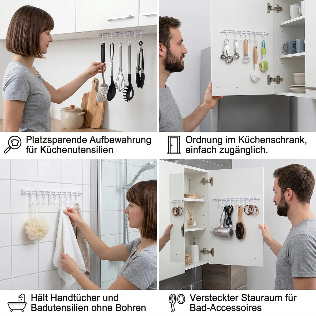 Self-adhesive hook rail for kitchen & bathroom (2 pcs.)
