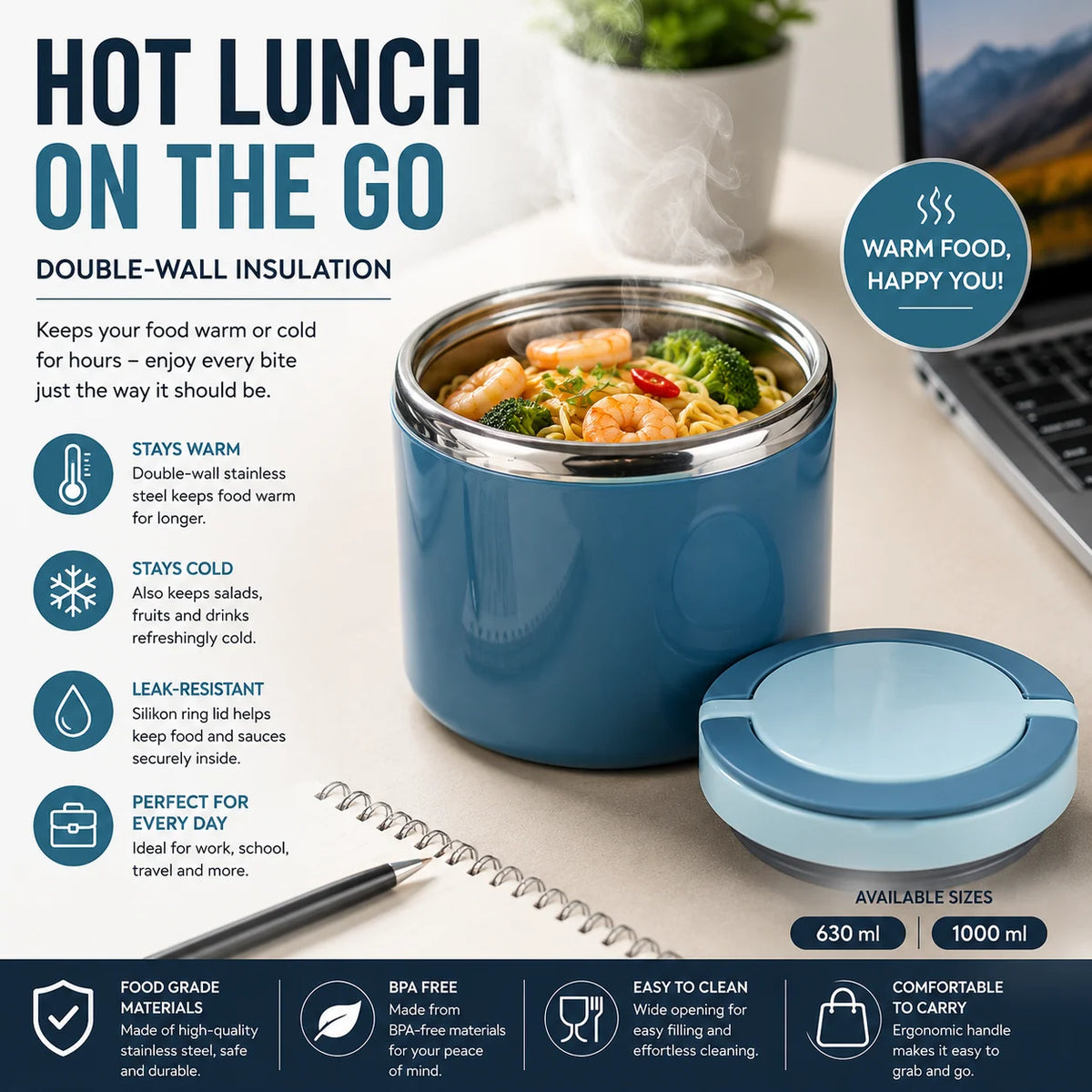 Thermal Lunchbox made of Stainless Steel with Handle – 630 ml & 1000 ml