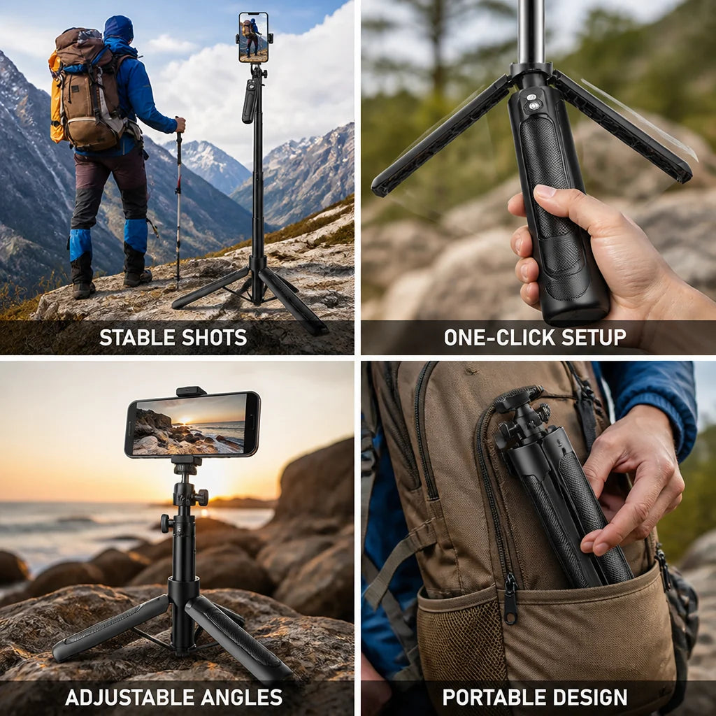 One-Button Pop-Up Smartphone Tripod Made of Carbon Fiber (extendable up to 180 cm)