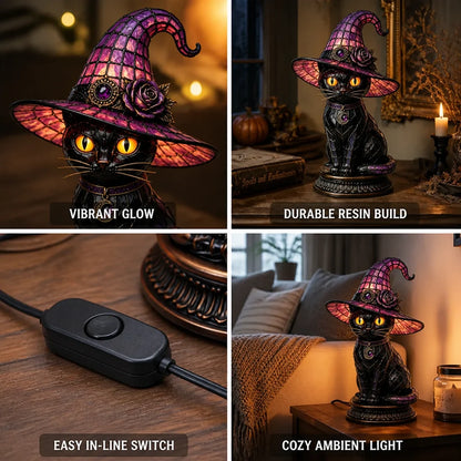 Table lamp with stained glass effect, gothic witch cat