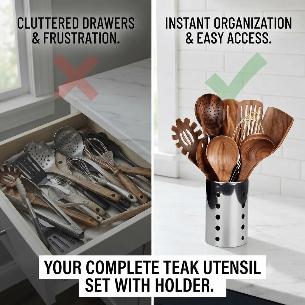 Teak Kitchen Utensils Set 11-Piece with Holder