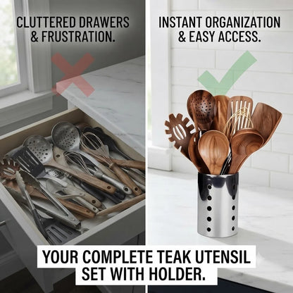 Teak Kitchen Utensils Set 11-Piece with Holder