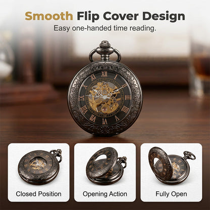 Mechanical Pocket Watch with Floral Engraving Design