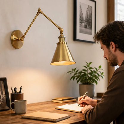 Adjustable Wall Lamp with Swivel Arm in Antique Brass