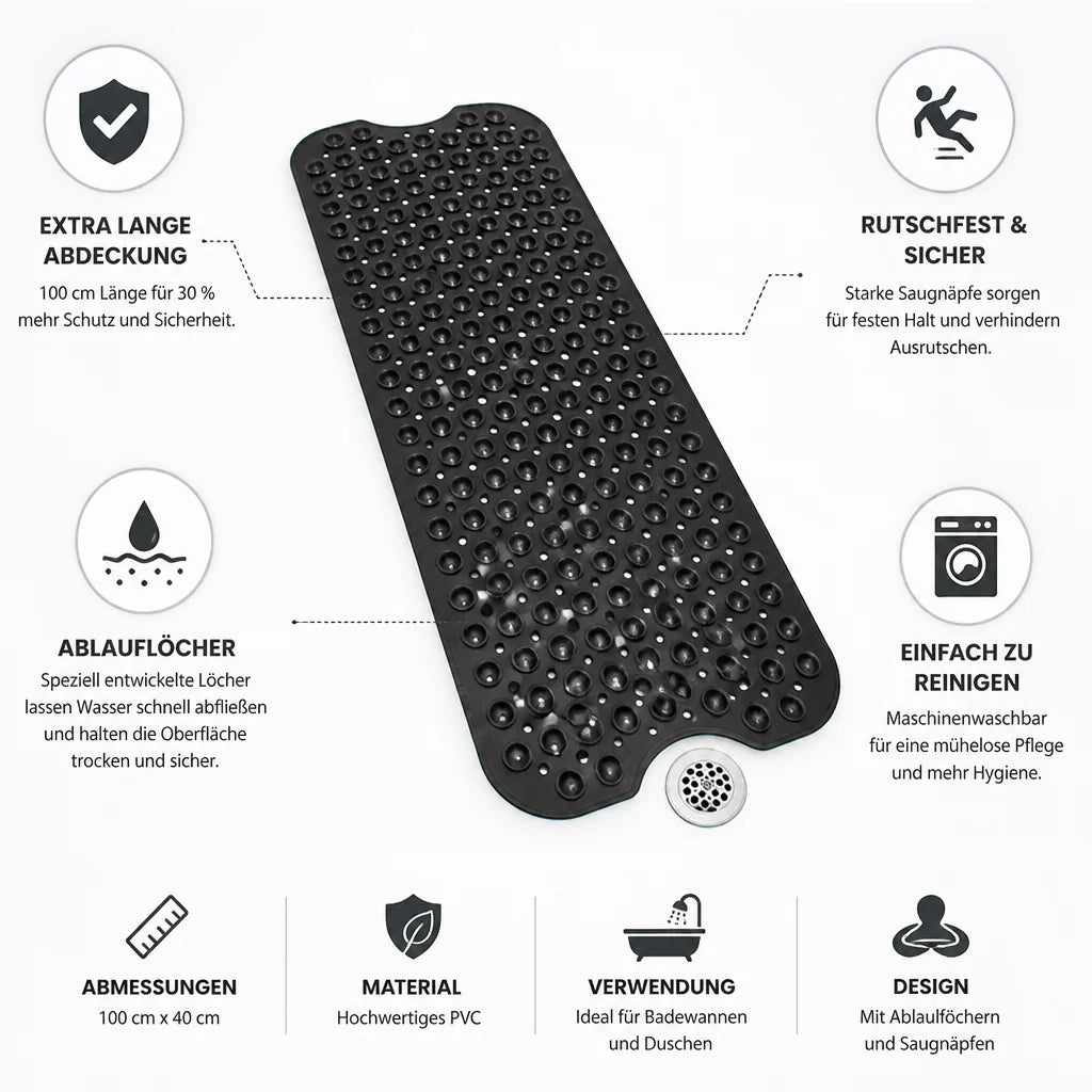 Extra Long Non-Slip Bath Mat (Suction Cups & Drain Holes)