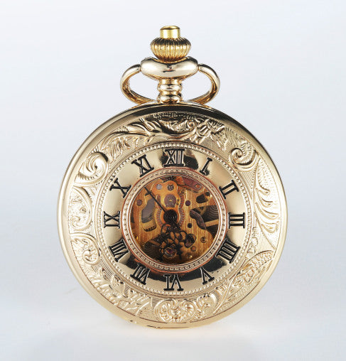 Mechanical Pocket Watch with Floral Engraving Design