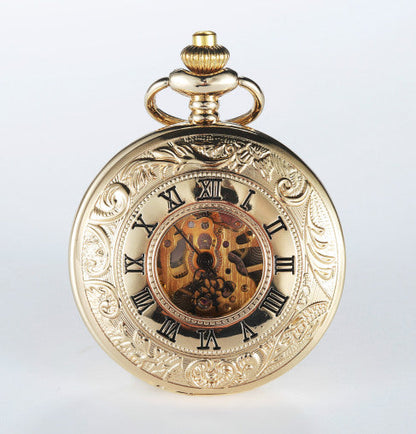 Mechanical Pocket Watch with Floral Engraving Design