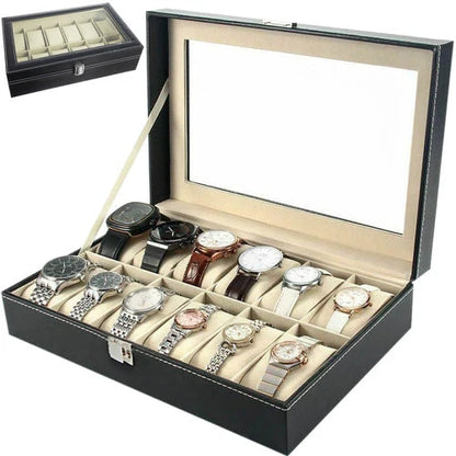 Watch Box 12 Compartments with Glass Lid – Black