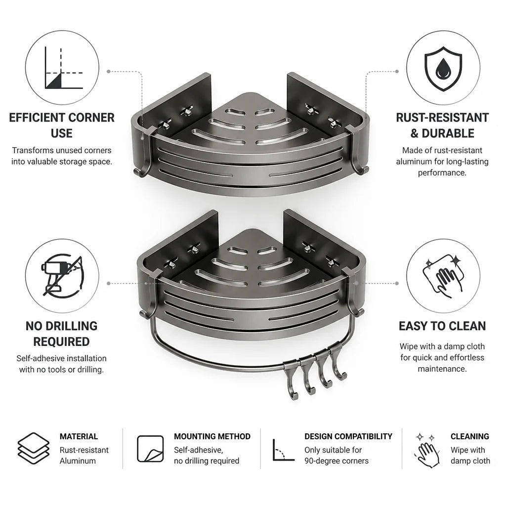Rust-resistant aluminum corner shower shelf without drilling (90° corner)