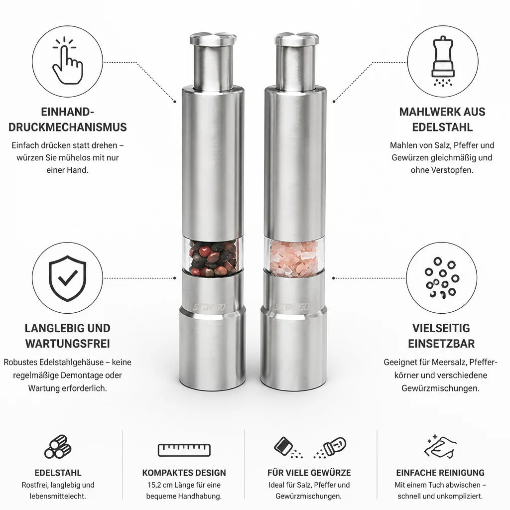 Single-Hand Stainless Steel Salt and Pepper Mill (2-Pack)
